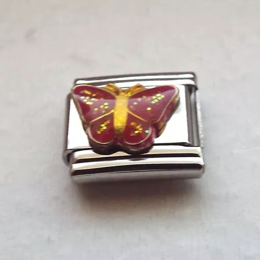 Sparkly red enamel butterfly 9mm stainless steel Italian charm bracelet link new